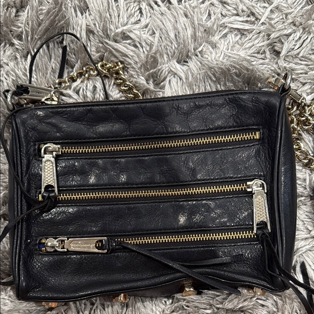 Rebecca Minkoff Black and Gold Crossbody Bag with Edgy Zipper Details